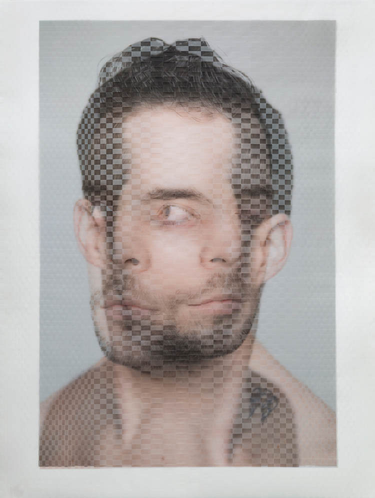 Each piece in the series results from Stern’s unique process of physically weaving together two large-format portrait photographs printed on translucent vellum. Stern captures the original images digitally in a lighting studio in Brooklyn, and cuts and weaves by hand. The resulting “woven portraits” are at once physical objects and rhythmic abstractions of their subjects. THIS PIECE MEASURES 40.5” x 30.5”